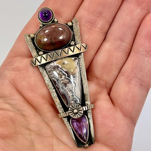 Unique Pendant, Brooch, Sterling Silver, Amethyst, Jasper, Crazy Lace Agate - Picture 2 of 5